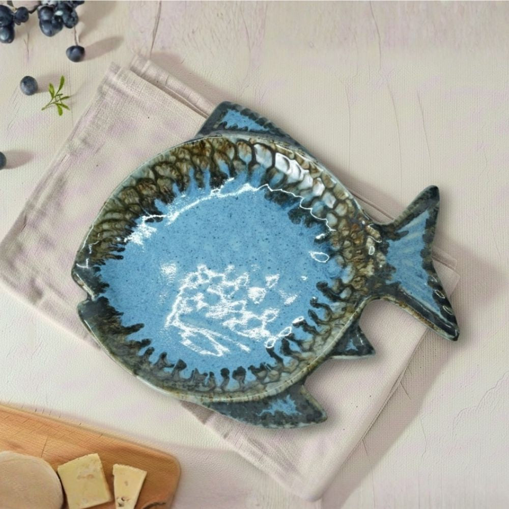 royal blue fish shaped ceramic platter set of 2 with glazed finish for serving snacks and appetizers